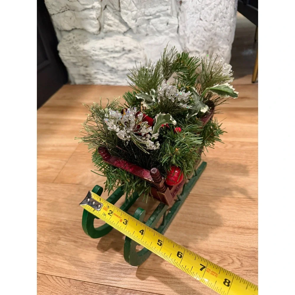 Vintage Christmas Wood Sleigh Centerpiece Red Green Floral Arrangement Decor